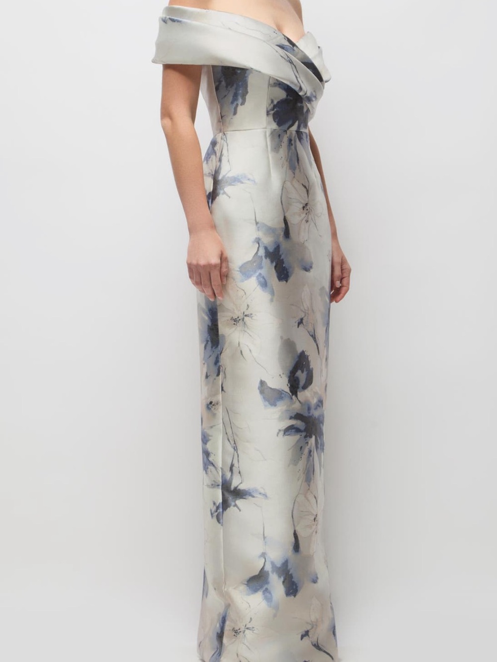 ALFRED SUNG Constance Light gray and Blue Floral Off-Shoulder Maxi Dress - Picture 2 of 15